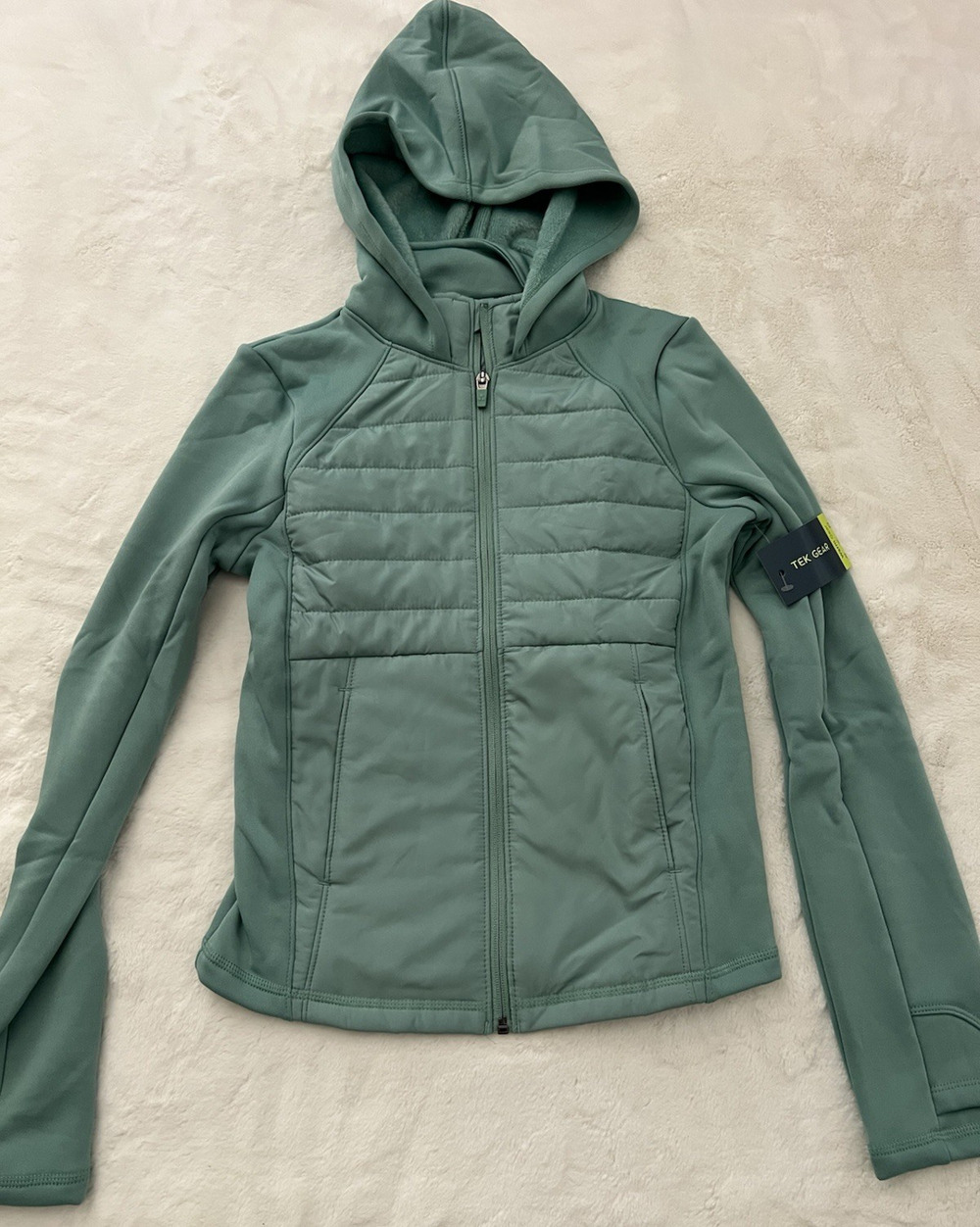 Tek Gear Girls Hooded Puffer Jacket Green Full Zip Fleece Lined Size L 10/12 NWT